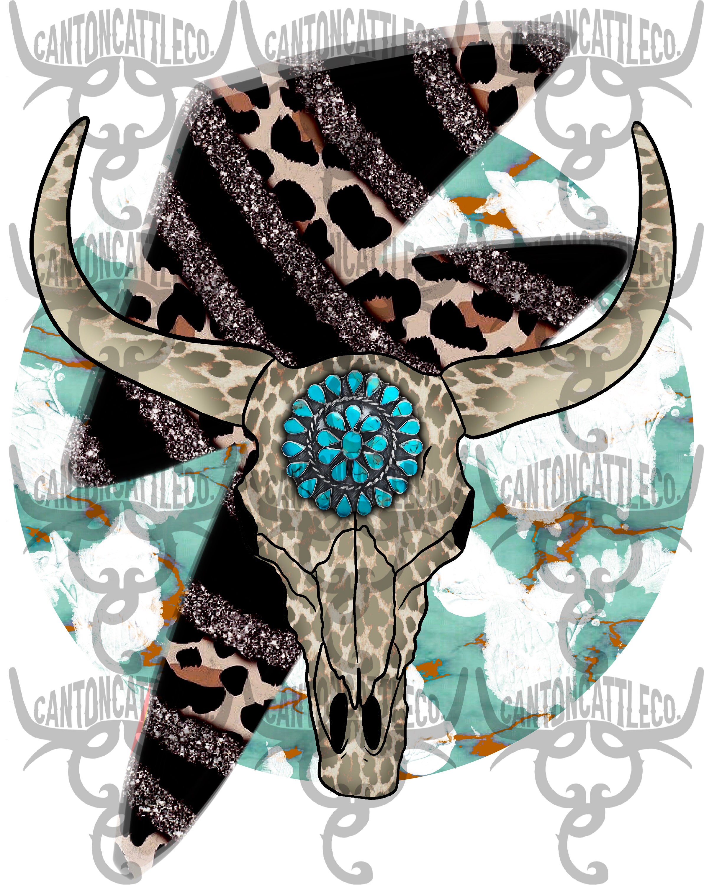 Turquoise Cow Skull and Leopard Lightning Bolt, Western, Punchy