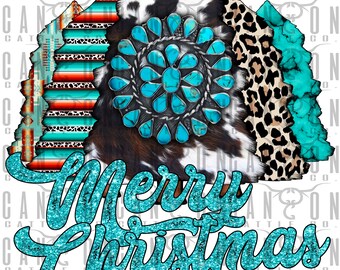 Könnte beinhalten: Ein türkisfarbenes und weißes Weihnachtsbaumdesign mit einem Muster aus Kuhfell, Türkis und Leopardenmuster. Der Text "Merry Christmas" ist in türkisfarbenem Glitzer geschrieben.