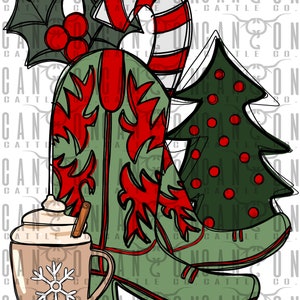 Christmas cowboy boots, western, candy cane, hot chocolate, Christmas Tree, retro, vintage, png, instant download, sublimation design
