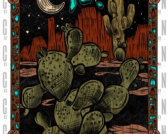 midnight desert with turquoise and leather work border, western, cactus, punchy, png, instant download, sublimation design