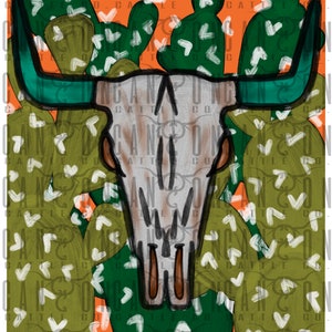 turquoise longhorn cow skull and cactus, western, punchy, png, instant download, sublimation design