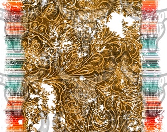 May include: A distressed, vintage-style design featuring a brown leather background with a floral pattern. The background is framed by a turquoise and orange striped border.