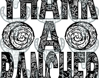 May include: Black and white graphic design with the text "Thank a Rancher" in bold letters. The letters are surrounded by a pattern of swirls and circles.