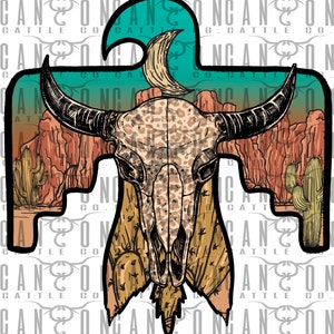 thunderbird long horn skull desert, cactus, western, vintage, retro, png, instant download, sublimation design