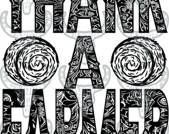 May include: Black and white graphic design with a floral pattern. The text "THANK A FARMER" is in bold, black letters.