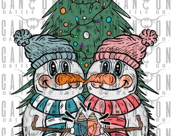 May include: Two snowmen holding mugs of hot chocolate in front of a green Christmas tree with a yellow star on top. The snowman on the left is wearing a blue hat and scarf, while the snowman on the right is wearing a pink hat and scarf.