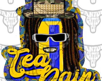 May include: A yellow and blue cartoon character with dreadlocks wearing a camouflage hat with gold studs, sunglasses, and a gold grill. The character is smiling and the text "Tea Pain" is written in yellow letters below the character.