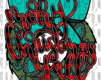May include: A green wreath with a red and black buffalo plaid pattern and a turquoise bow. The wreath has the words "merry christmas y'all" written on it.