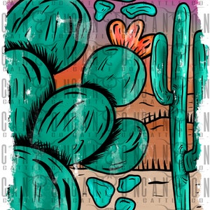 May include: A digital illustration of a desert landscape with a large green cactus in the foreground. The cactus has a flower on top and is surrounded by smaller cacti and rocks. The background is a sunset sky with orange, pink, and purple hues.