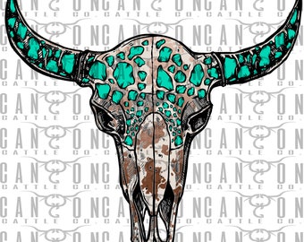 cow print turquoise longhorn cow skull, western, westerner grunge, punchy, png, instant download, sublimation design