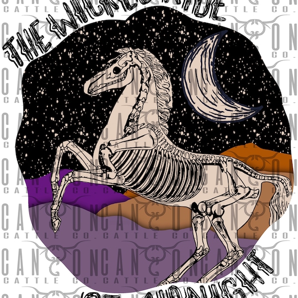 the wicked ride at midnight, halloween, skeleton, horse, desert, western, spooky, retro, png, instant download, sublimation design