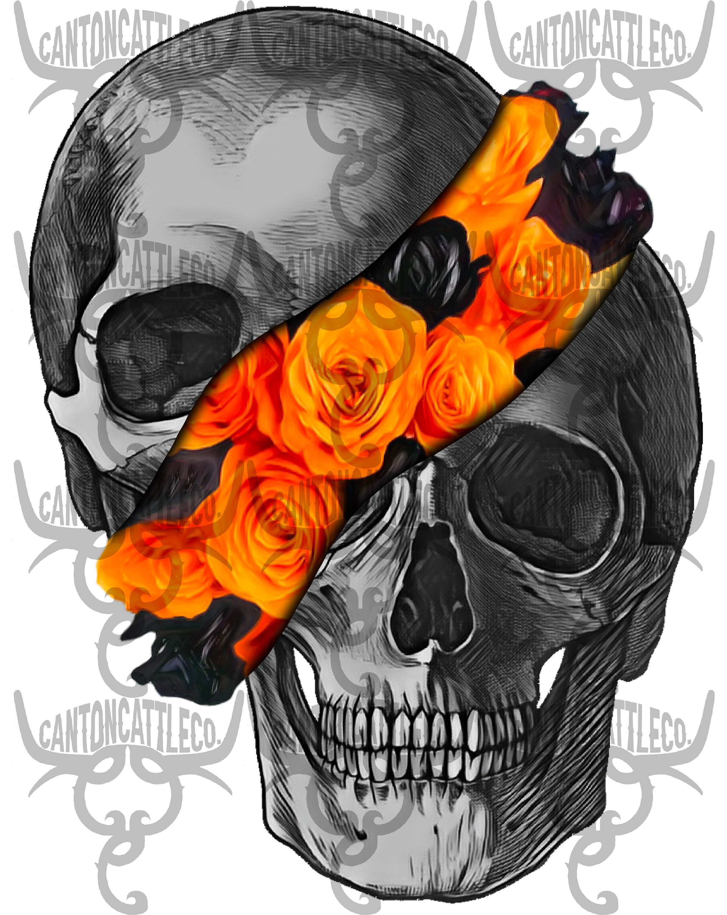 Skull Screenprint, RTS Rose Skull Sublimation Rock N Roll Screenprint