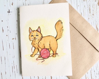 Hand Painted Watercolour Ginger Kitten Card - Thank You Card - Pet Cat Playing Card