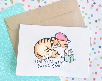 Hand Painted Get Well Soon Cat Pun Card 'hope you're feline better soon'