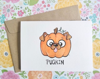 Hand painted watercolour ' PugKin ' Pug Dog Pumpkin Cute Fall Greeting Card