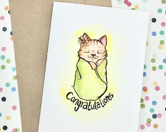 Hand Painted Watercolour Adoption Cat Card, Congratulations on your New Kitten card - New Addition Card - Kitten Adoption card