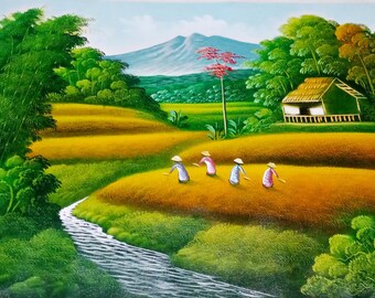 Peaceful Farming: An Exquisite Oil Painting of Farmers and Nature