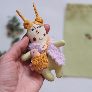 Linen tiny doll, pocket doll, rag doll, easter gift for kids, doll in a pouch, cloth doll with bird, pink tiny bird, linen bag, travel toy image 3