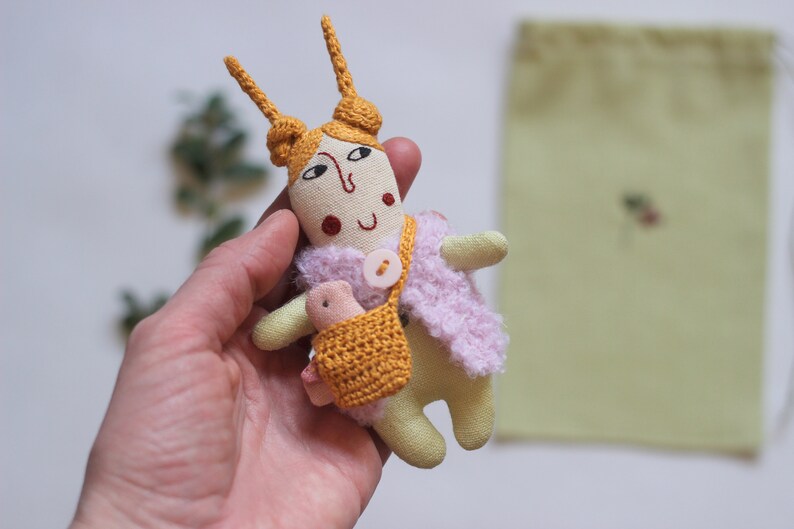 Linen tiny doll, pocket doll, rag doll, easter gift for kids, doll in a pouch, cloth doll with bird, pink tiny bird, linen bag, travel toy image 3