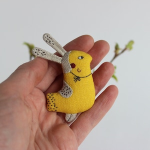 Bird brooch Easter bunny Easter jewelry Linen bunny Linen bird Fabric bunny Yellow bird Mothers day gift Miniature bird pin Easter gift image 2