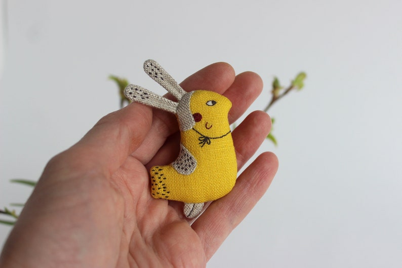 Bird brooch Easter bunny Easter jewelry Linen bunny Linen bird Fabric bunny Yellow bird Mothers day gift Miniature bird pin Easter gift image 2