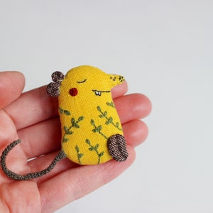 yellow mouse brooch, year of the rat, rat year gift, embroidered brooch, miniature mouse, animal jewelry, woodland jewelry, summer jewelry image 7