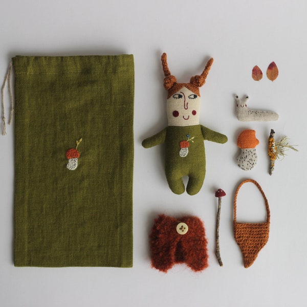 Pocket linen doll, tiny doll kit, rag doll, travel doll kit, doll in a pouch, kids travel kit, linen slug, linen mushroom, miniature doll