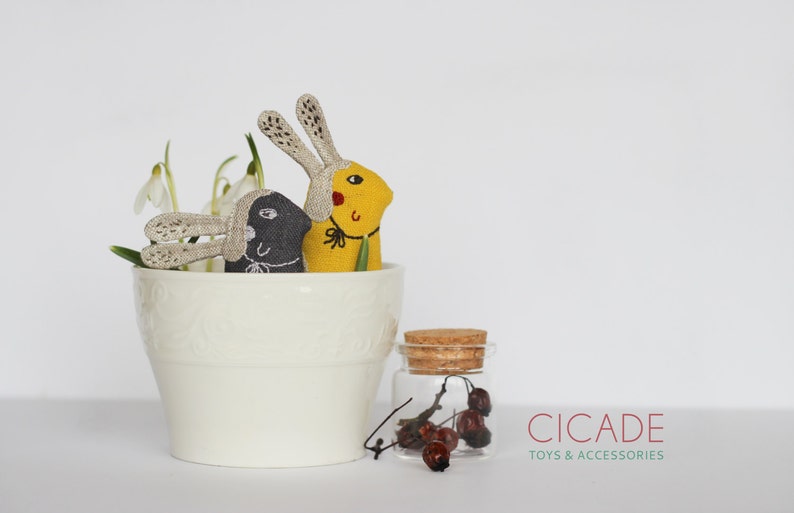 Linen bird brooch Easter bunny Gray bird pin Bunny hat Fabric bird Womens spring outfit Natural linen rabbit Backpack pin Stuffed bird