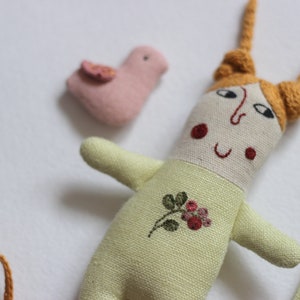 Linen tiny doll, pocket doll, rag doll, easter gift for kids, doll in a pouch, cloth doll with bird, pink tiny bird, linen bag, travel toy image 7