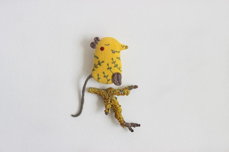 yellow mouse brooch, year of the rat, rat year gift, embroidered brooch, miniature mouse, animal jewelry, woodland jewelry, summer jewelry image 1