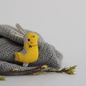 Bird brooch Easter bunny Easter jewelry Linen bunny Linen bird Fabric bunny Yellow bird Mothers day gift Miniature bird pin Easter gift image 1