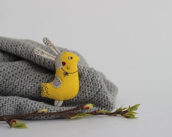 Bird brooch Easter bunny Easter jewelry Linen bunny Linen bird Fabric bunny Yellow bird  Mothers day gift Miniature bird pin Easter gift
