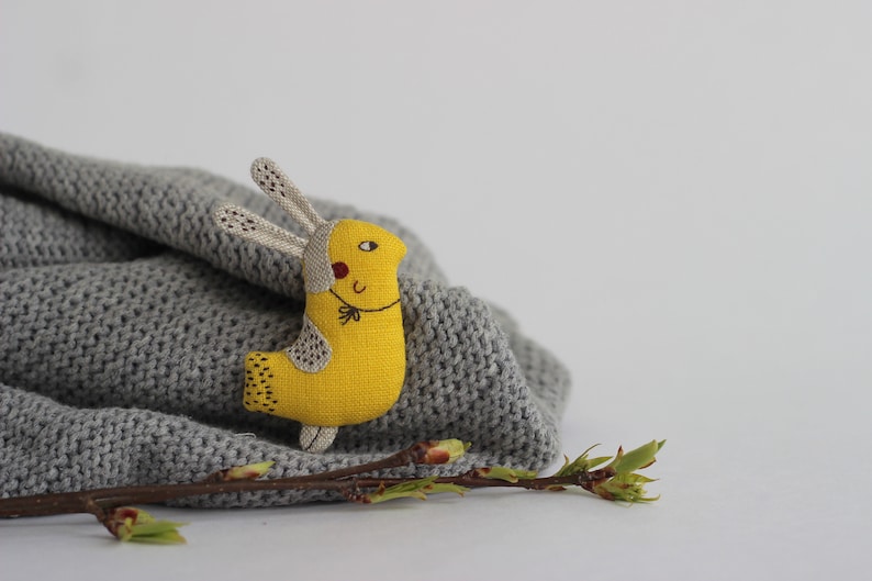 Bird brooch Easter bunny Easter jewelry Linen bunny Linen bird Fabric bunny Yellow bird Mothers day gift Miniature bird pin Easter gift image 1