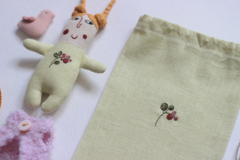 Linen tiny doll, pocket doll, rag doll, easter gift for kids, doll in a pouch, cloth doll with bird, pink tiny bird, linen bag, travel toy image 6