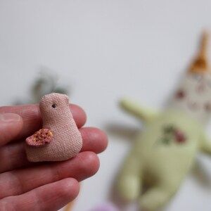 Linen tiny doll, pocket doll, rag doll, easter gift for kids, doll in a pouch, cloth doll with bird, pink tiny bird, linen bag, travel toy image 4