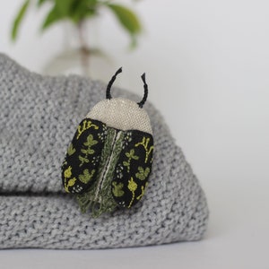 Hand Embroidered Linen Beetle Brooch: Textile Insect Jewelry