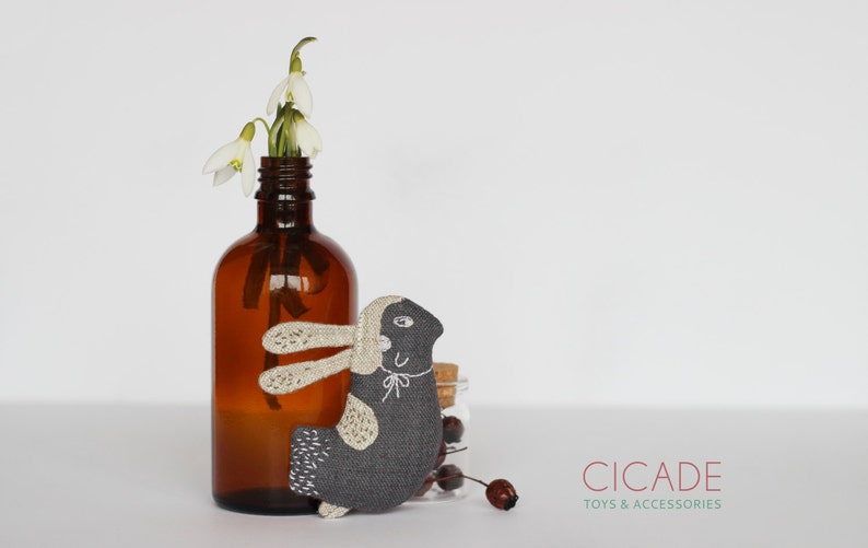 Linen bird brooch Easter bunny Gray bird pin Bunny hat Fabric bird Womens spring outfit Natural linen rabbit Backpack pin Stuffed bird