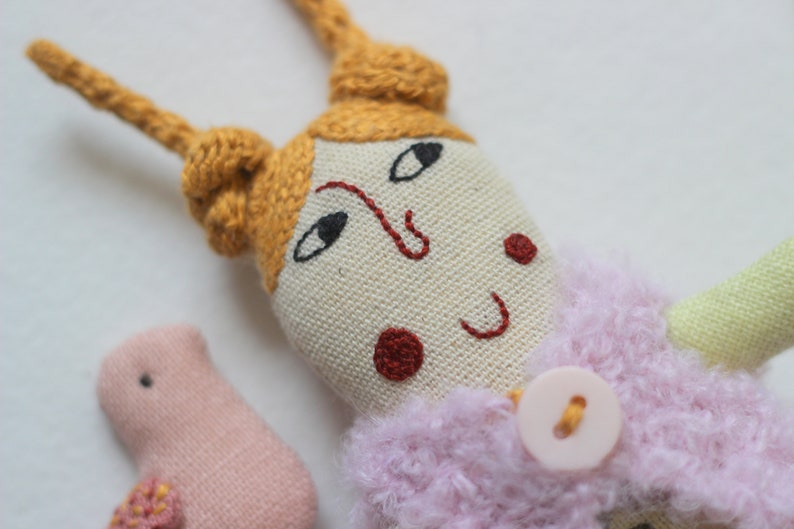Linen tiny doll, pocket doll, rag doll, easter gift for kids, doll in a pouch, cloth doll with bird, pink tiny bird, linen bag, travel toy image 5