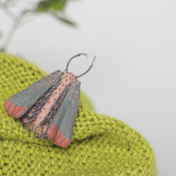 Night moth brooch, insect jewelry, linen moth, insect brooch, linen brooch, , insect wall art, dust pink gray moth, embroidered pin