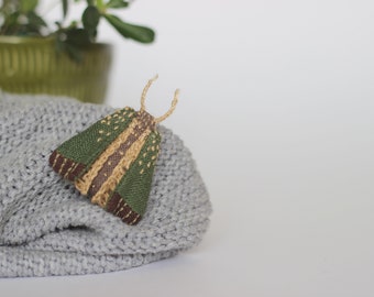 Moth brooch, linen moth, textile moth, green brown moth, green butterfly, butterfly brooch, hand-embroidered brooch, handembroidered moth