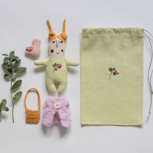 Linen tiny doll, pocket doll, rag doll, easter gift for kids, doll in a pouch, cloth doll with bird, pink tiny bird, linen bag, travel toy image 1