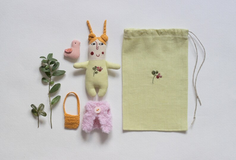 Linen tiny doll, pocket doll, rag doll, easter gift for kids, doll in a pouch, cloth doll with bird, pink tiny bird, linen bag, travel toy image 1