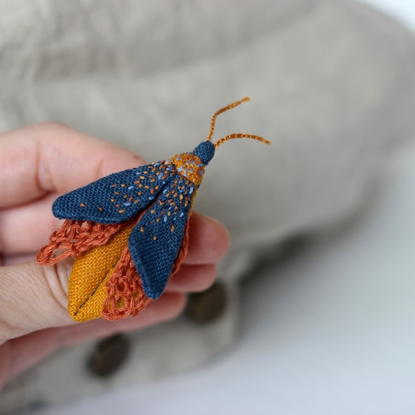 Bug brooch, beetle brooch, linen bug, insect jewelry, embroidered brooch, insect wall art, blue mustard bug, autumn jewelry, insect