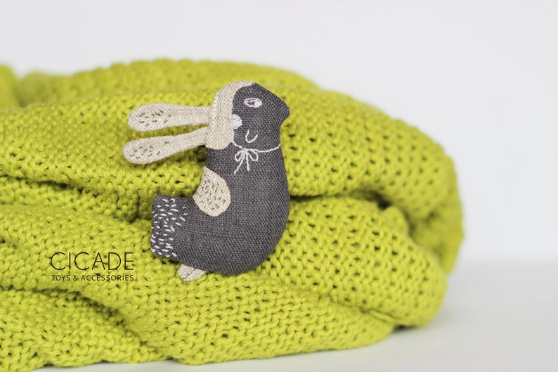 Linen bird brooch Easter bunny Gray bird pin Bunny hat Fabric bird Womens spring outfit Natural linen rabbit Backpack pin Stuffed bird