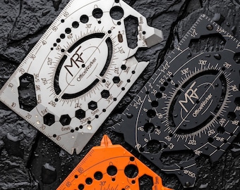 May include: Three multi-tool cards in silver, black, and orange, each featuring a central MRF OfficeWorker logo, various circular cutouts, angle markings, and measurement scales in inches and millimeters for precise drafting and technical tasks.
