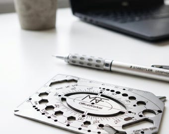 OfficeWorker 40-in-1 Blade-Free Card Tool • Flight-Friendly Travel Multitool • Drafting Ruler & Staple Puller • Coworker Gift • Office EDC