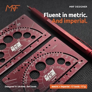 May include: Two dark red metal drafting templates and a matching mechanical pencil. The templates feature circular cutouts, angle markings, and the text MRF DESIGNER. The pencil is labeled 0.7mm. Text reads: Fluent in metric. And imperial. Designed in Ukraine - mrf.tools.