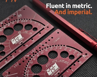 May include: Two dark red metal drafting templates and a matching mechanical pencil. The templates feature circular cutouts, angle markings, and the text MRF DESIGNER. The pencil is labeled 0.7mm. Text reads: Fluent in metric. And imperial. Designed in Ukraine - mrf.tools.