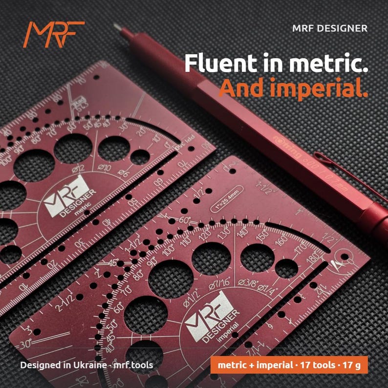 May include: Two dark red metal drafting templates and a matching mechanical pencil. The templates feature circular cutouts, angle markings, and the text MRF DESIGNER. The pencil is labeled 0.7mm. Text reads: Fluent in metric. And imperial. Designed in Ukraine - mrf.tools.