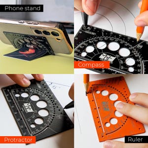 May include: A multi-functional drafting tool made of metal, available in black or orange. It features a protractor, compass, and ruler with printed markings, circular cutouts, and the MRF DESIGNER logo. It serves as a phone stand or drawing aid.